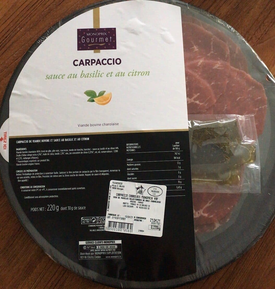 Monoprix Gourmet Carpaccio, sauce basilic citron, viande bovine charolaise packshot