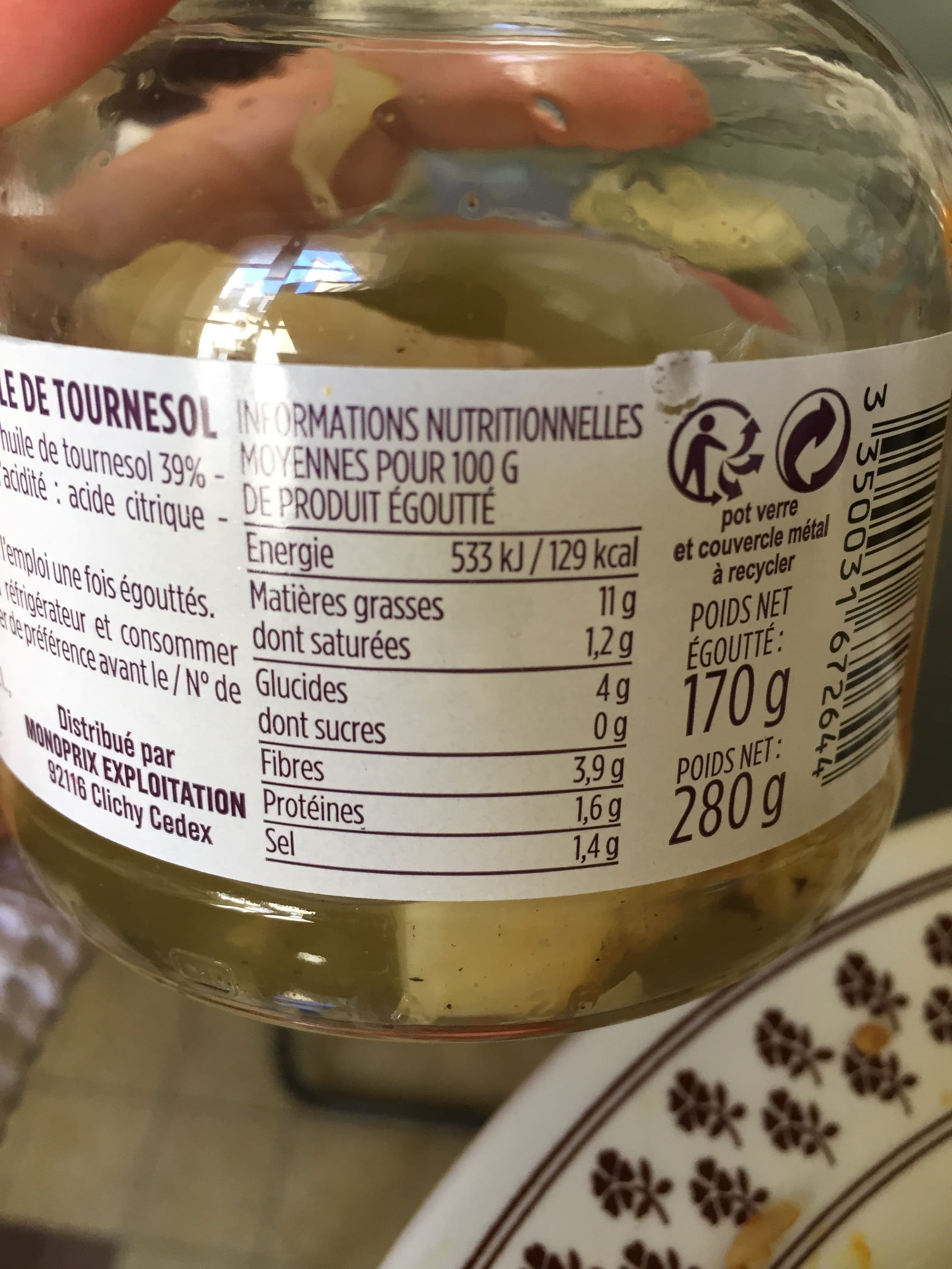 Monoprix artichauts grillés, à l huile de tournesol packshot
