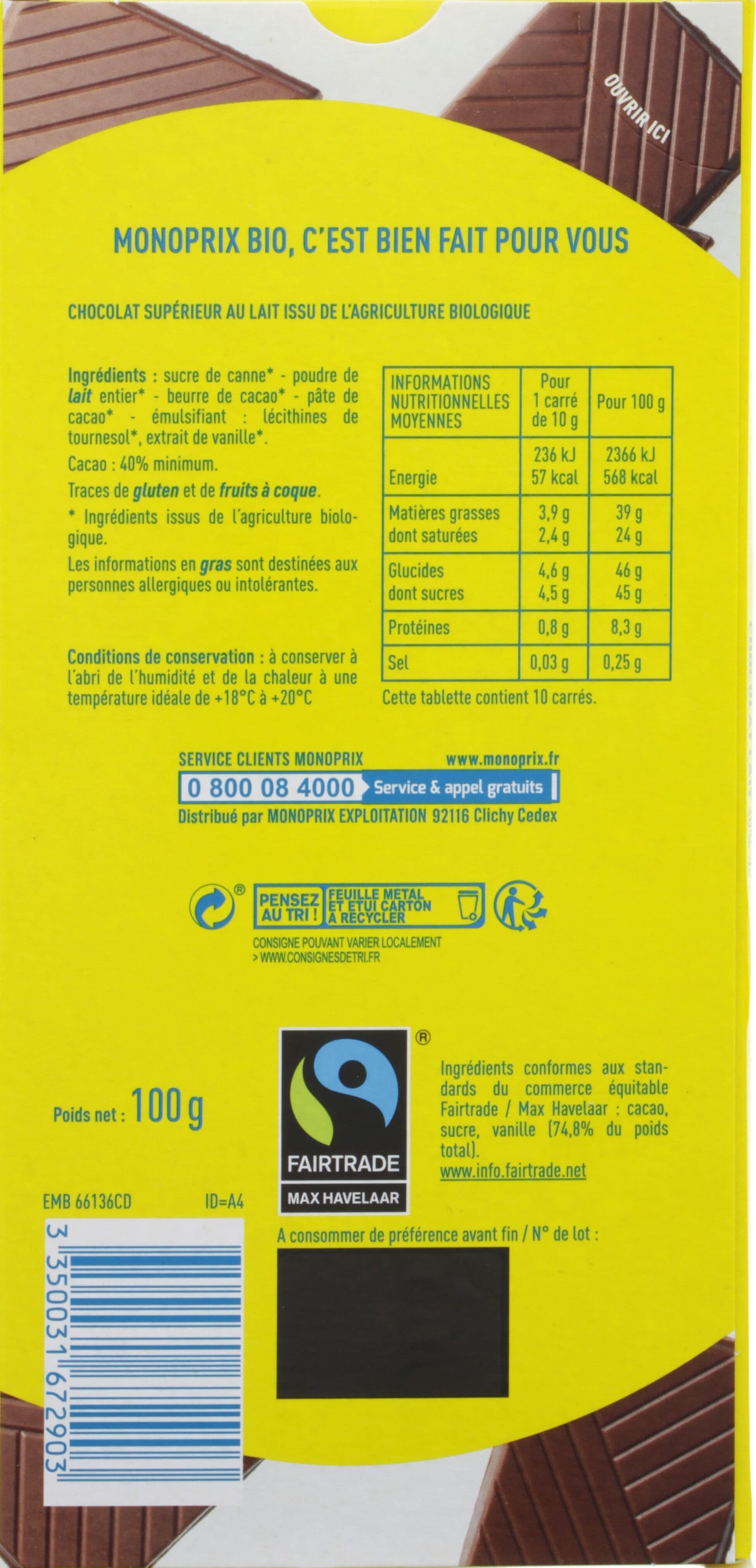 Monoprix Chocolat Lait packshot