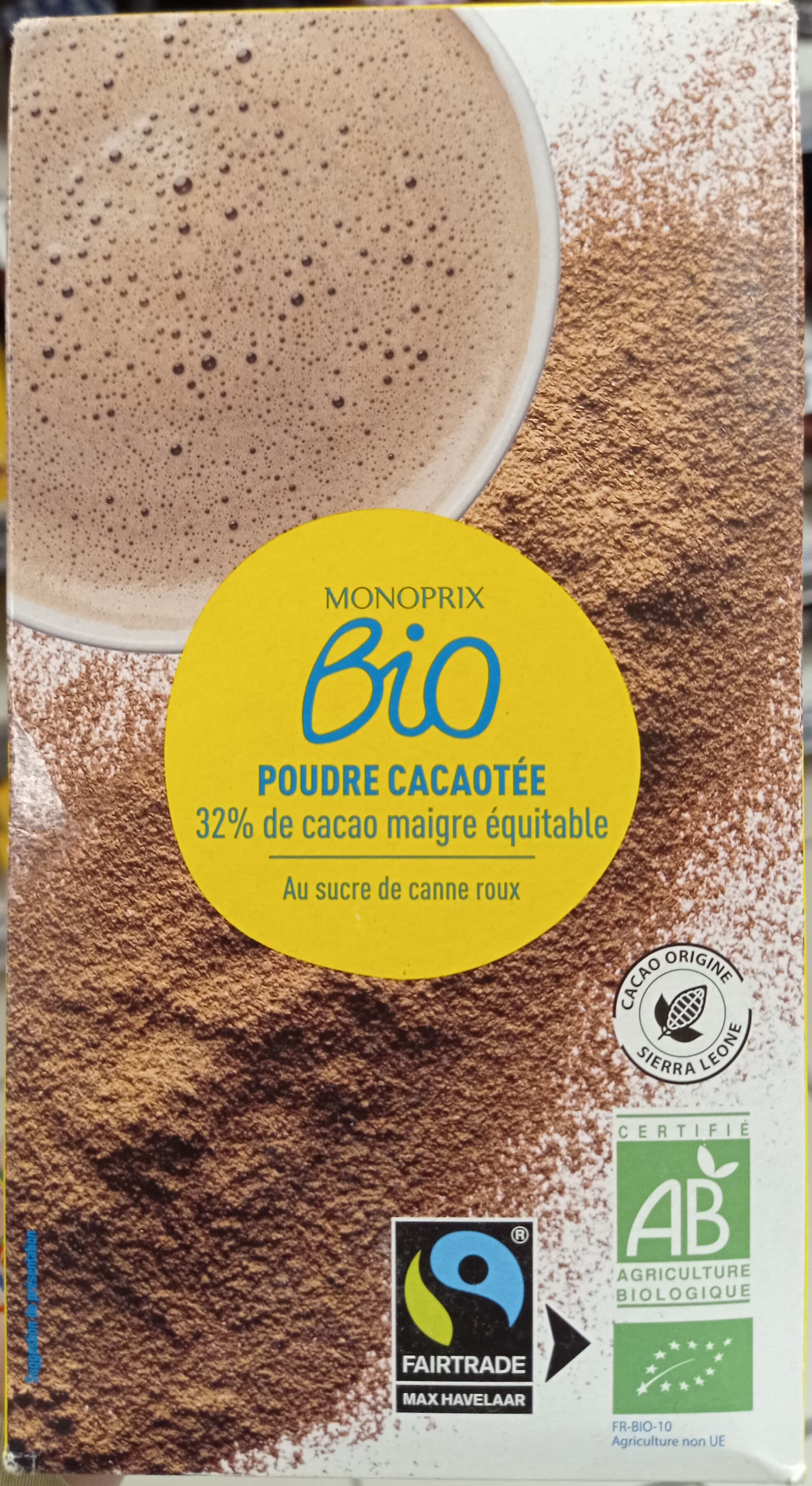 Monoprix Bio Poudre cacaotée 32 % de cacao maigre équitable au sucre de canne roux packshot