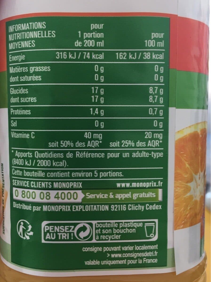 Monoprix Jus d'orange sans pulpe packshot