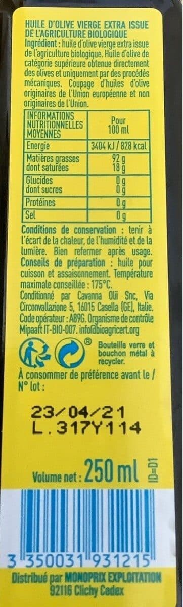 MONOPRIX BIO ! Huile d'olive vierge extra packshot