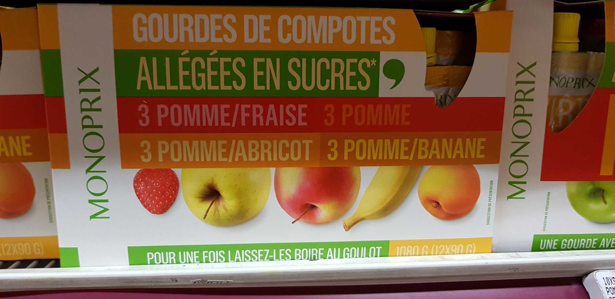 Monoprix Compotes pommes, fraise, abricot et banane, allégées en sucres packshot