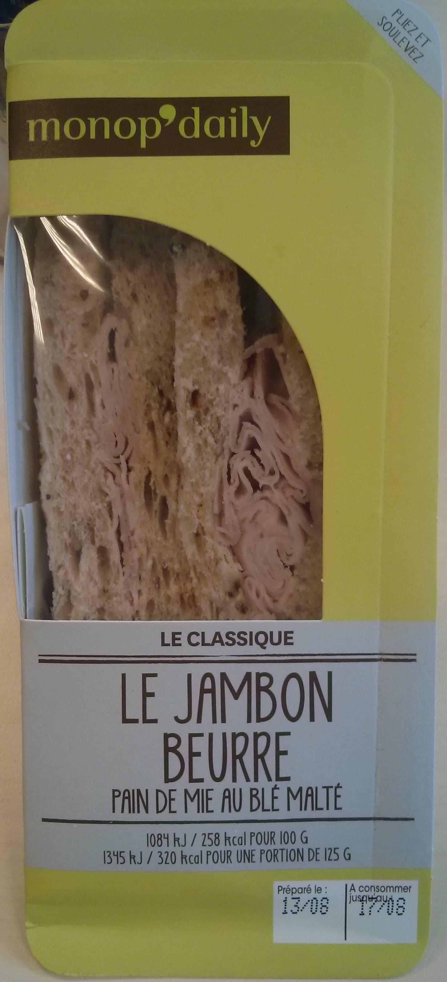 Monop'Daily Sandwich au jambon cuit supérieur et au beurre packshot