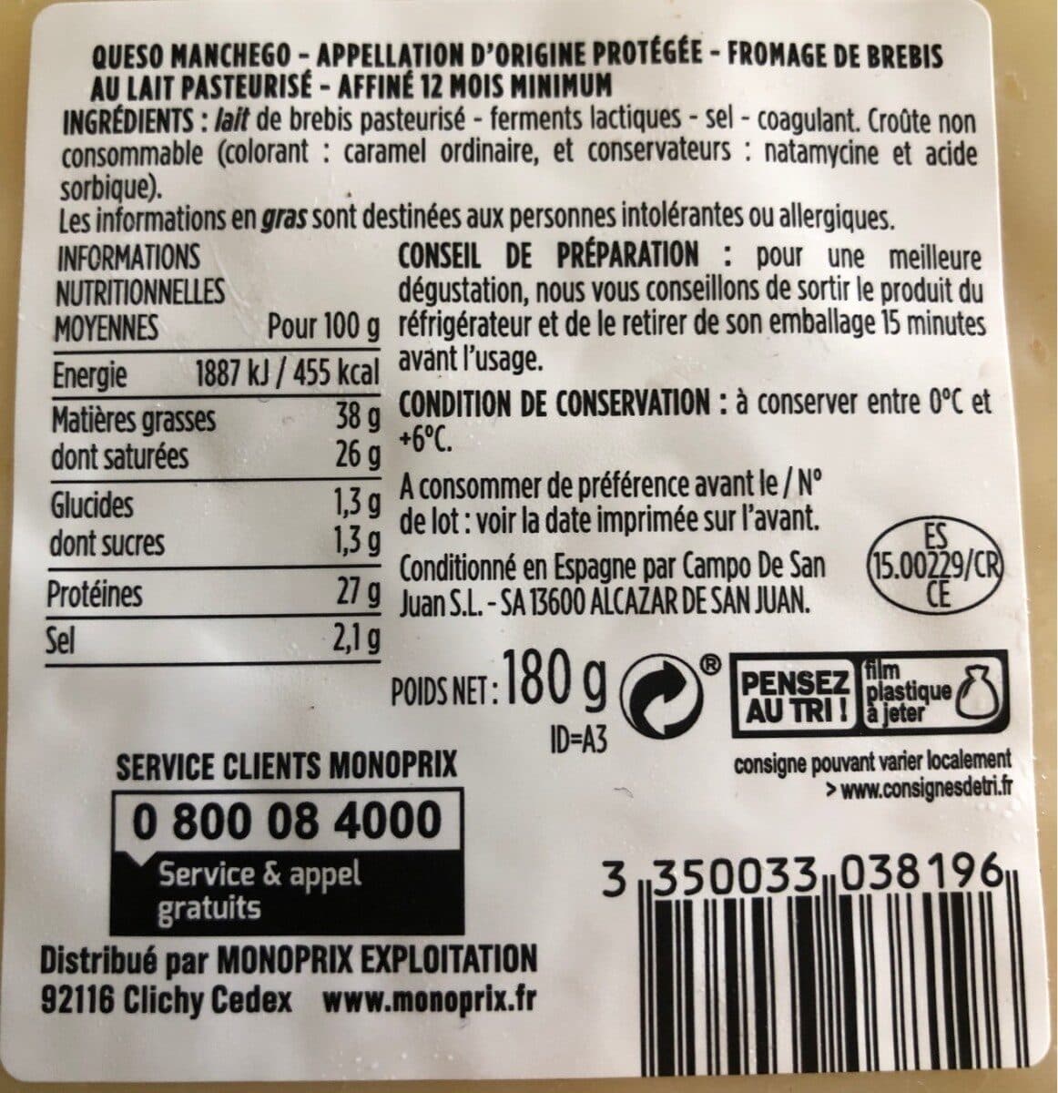 Monoprix Fromage de brébis au lait pasteurisé packshot