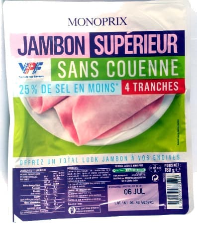 Monoprix Jambon supérieur sans couenne 25% de sel en moins packshot
