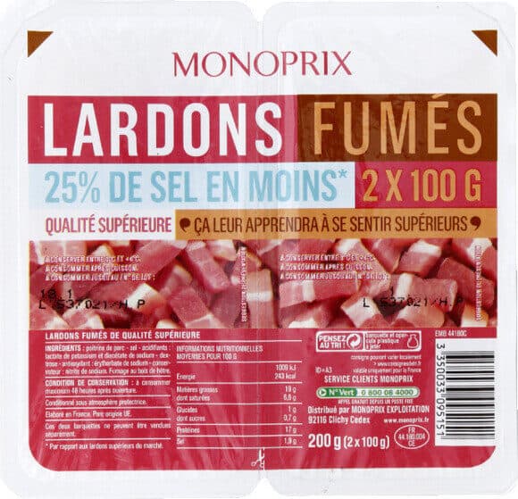 Monoprix Lardons fumés, 25% de sel en moins qualité supérieure packshot