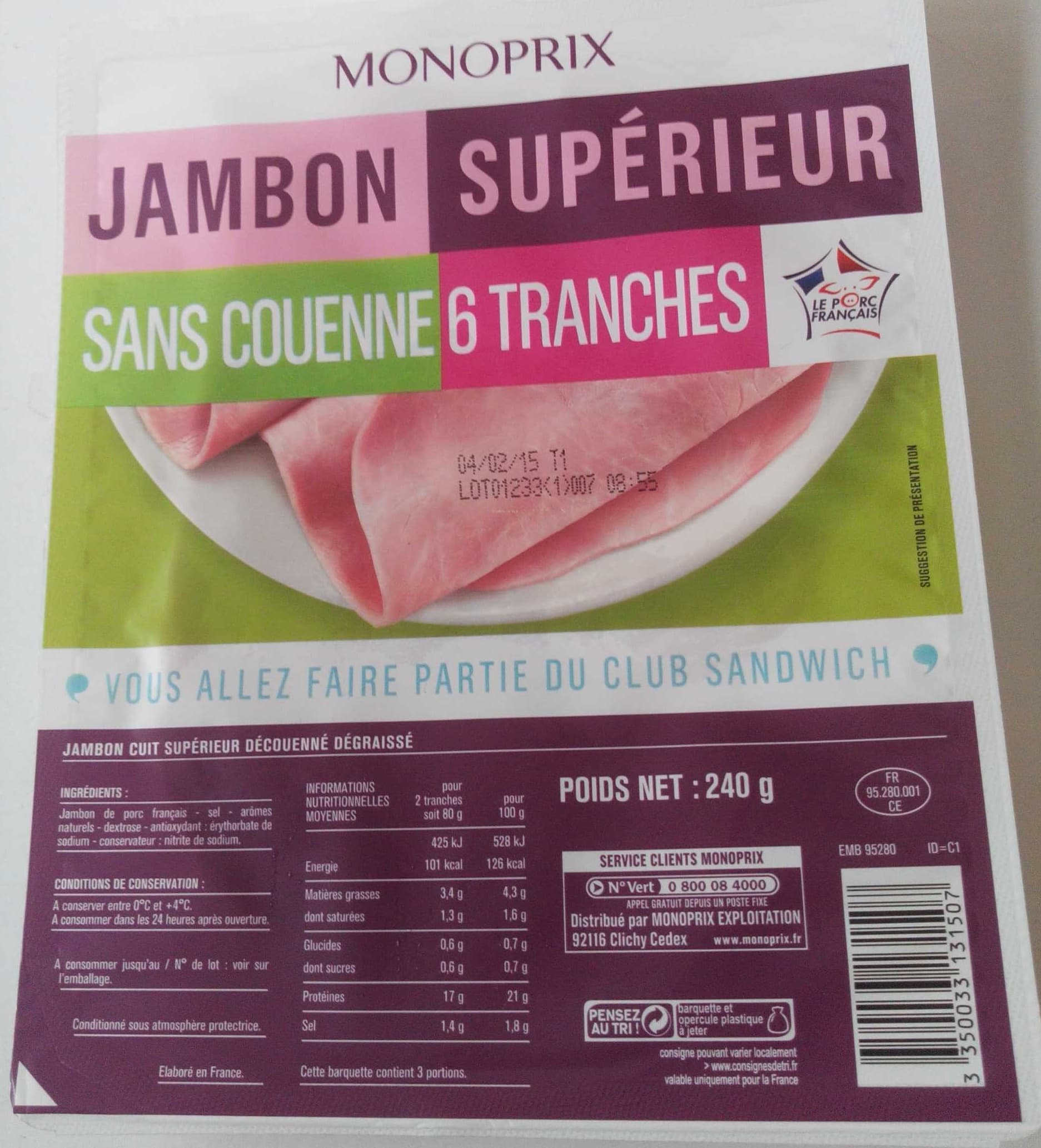 Monoprix Jambon supérieure sans couenne 6 tranches packshot
