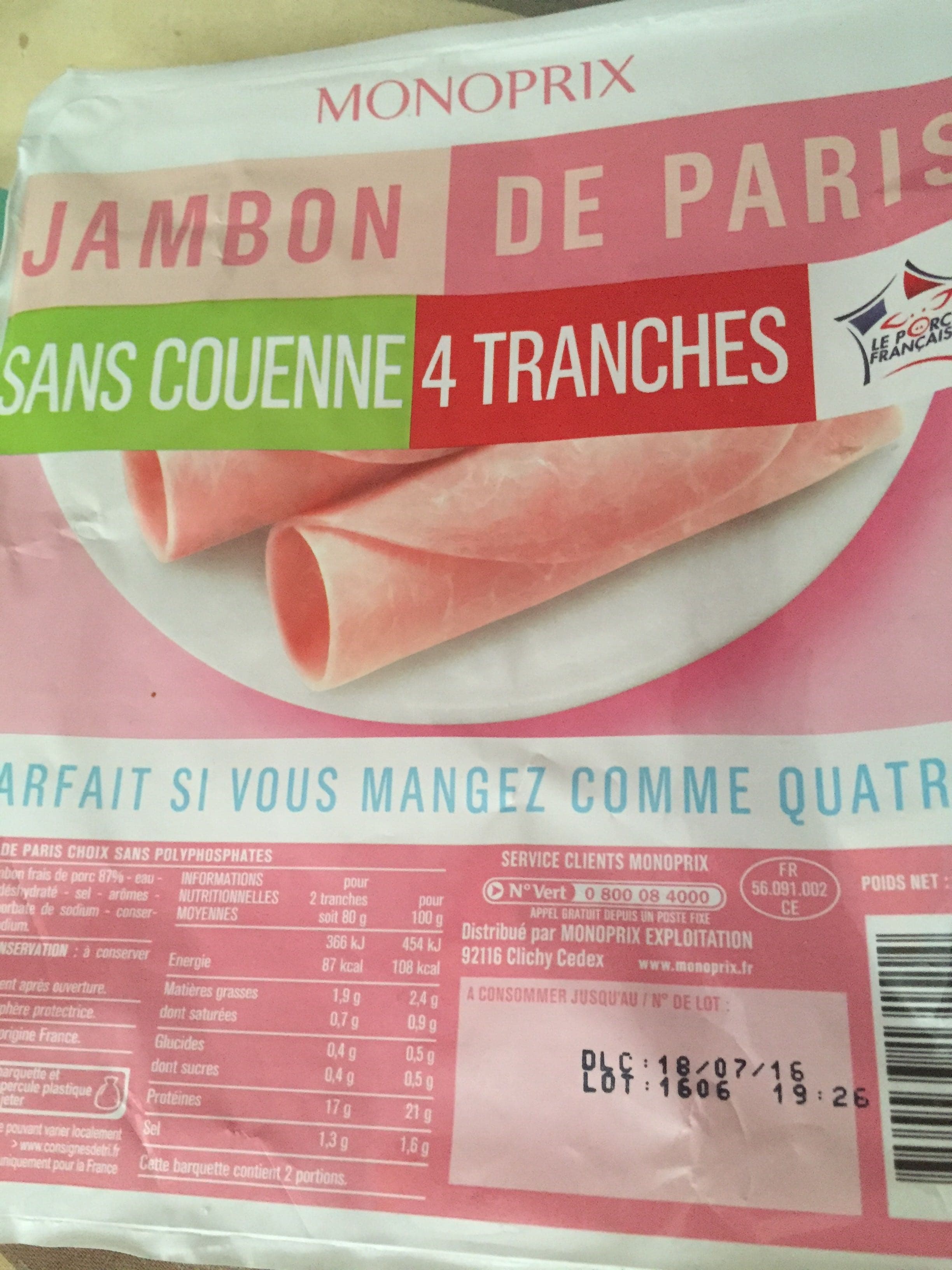 Monoprix Jambon de Paris sans couenne (4 tranches) packshot