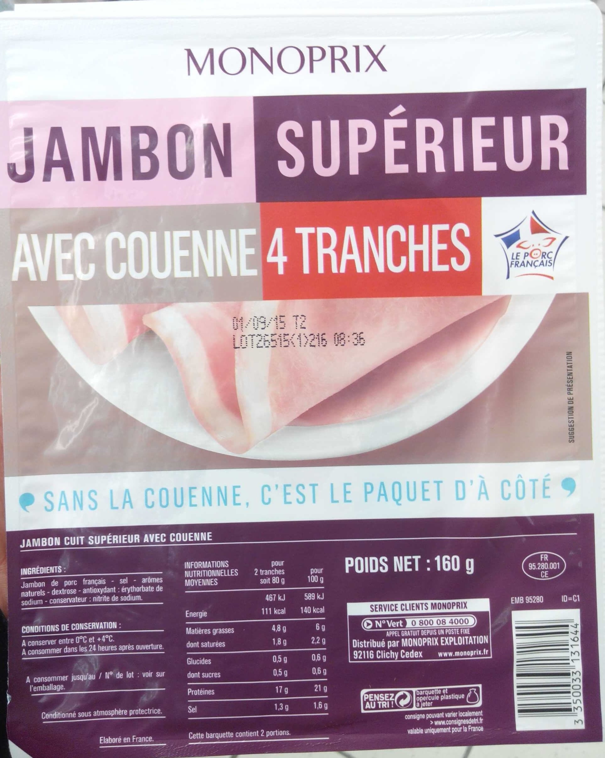 Monoprix Jambon supérieur avec couenne 4 tranches packshot