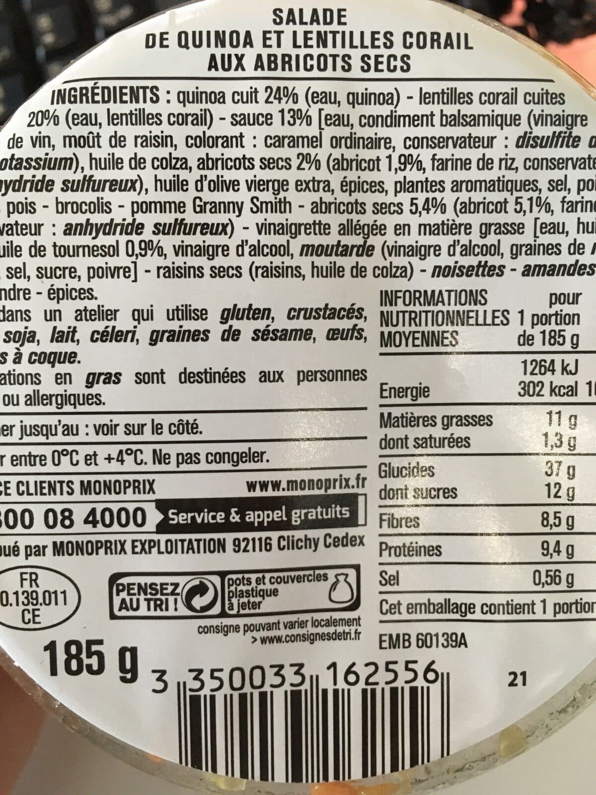 Monoprix Salade Pastel, Quinoa, Lentilles Corail Sauce à l'abricot packshot