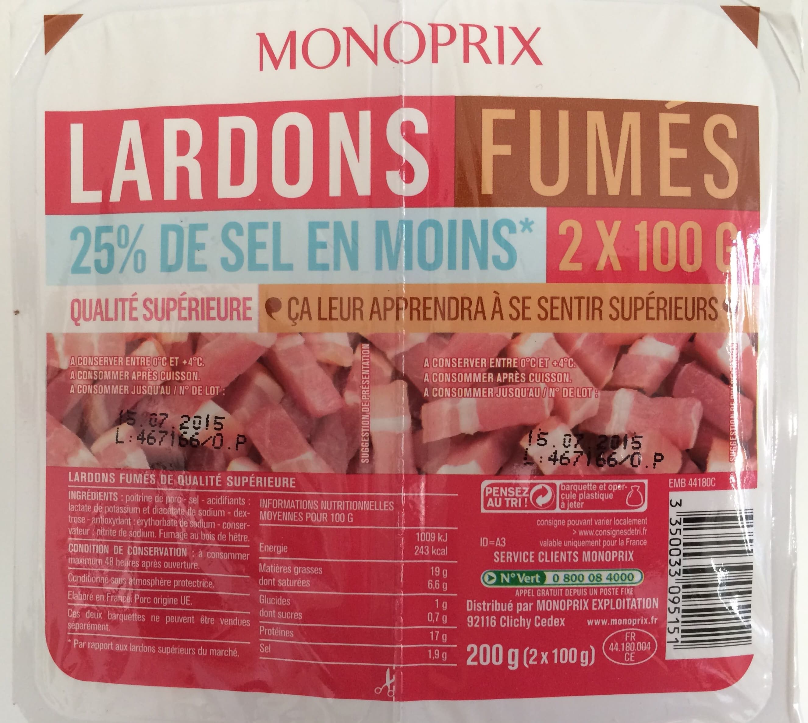 Monoprix Lardons Fumés (25 % de sel en moins) packshot