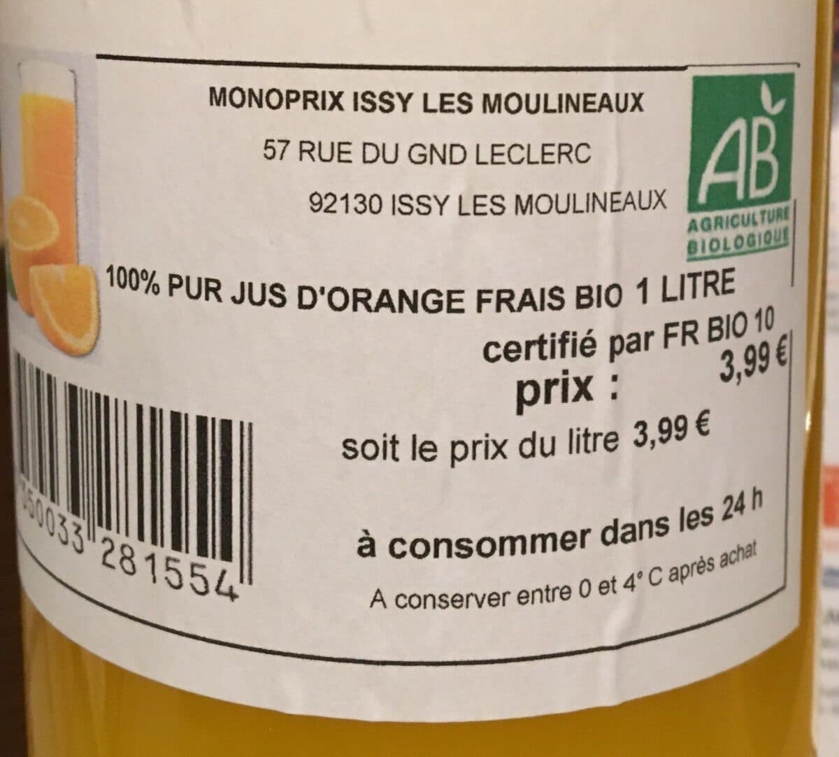 Monoprix 100% Pur Jus d'Orange Frais Bio packshot