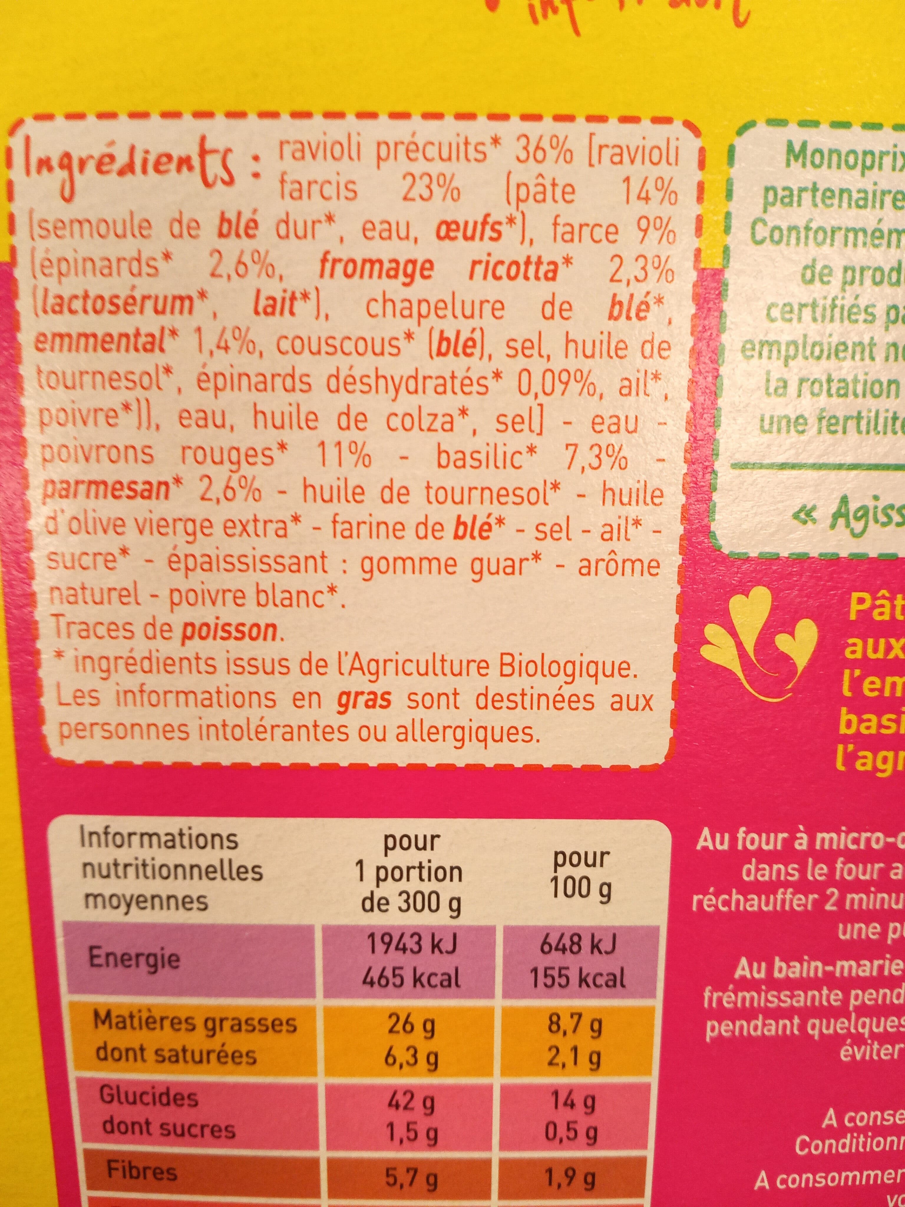 MONOPRIX BIO ! Ravioli épinards ricotta, sauce basilic et parmesan bio packshot