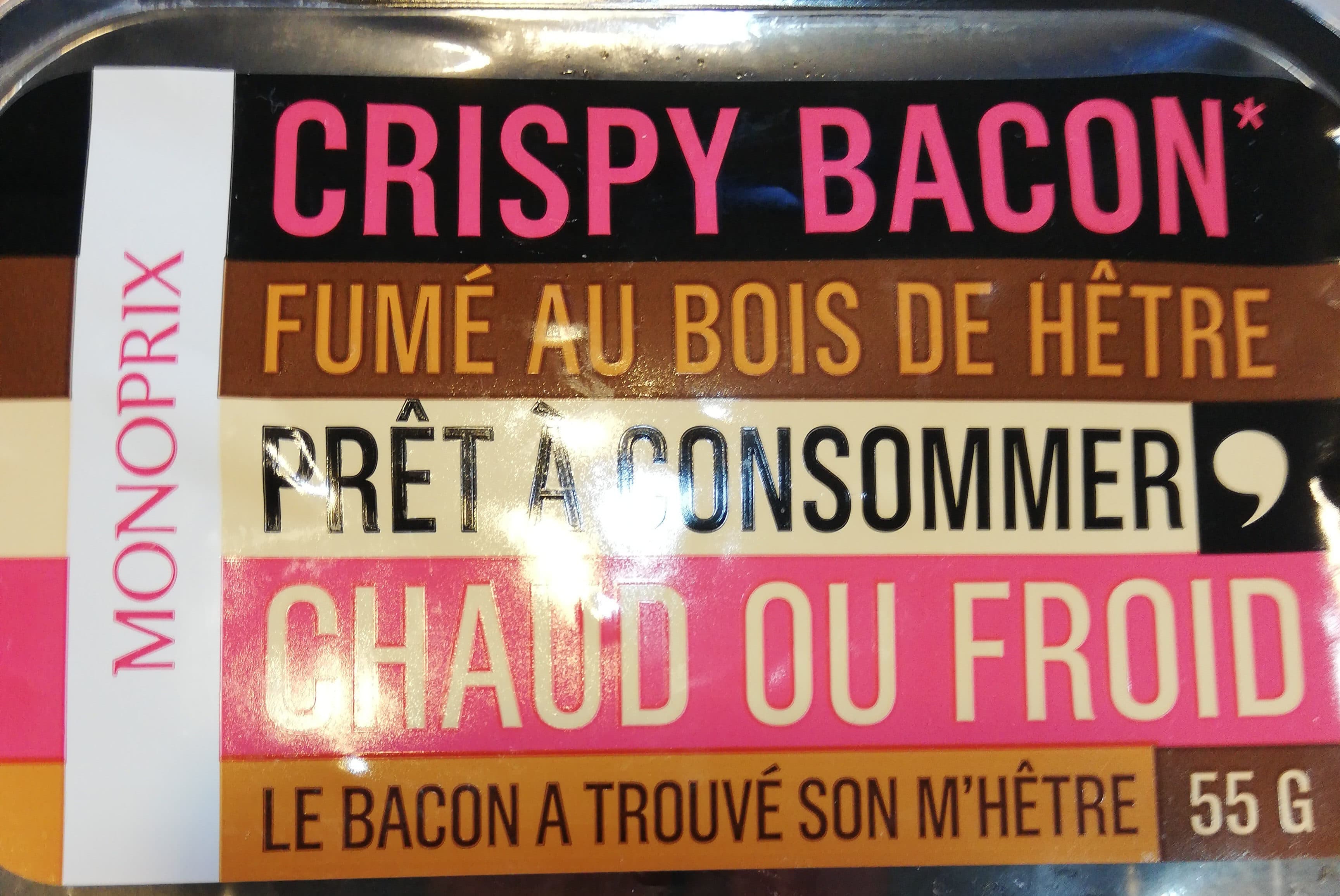 Monoprix Crispy bacon fumé au bois de hêtre, consommer chaud ou froid packshot