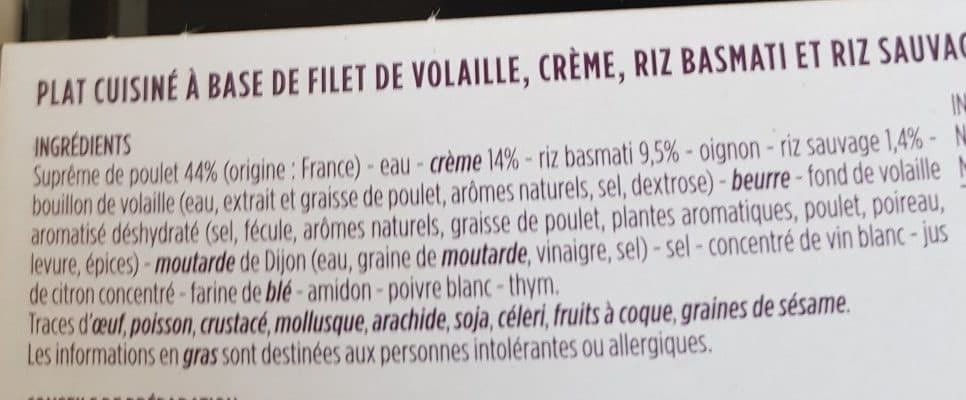 Monoprix suprême de volaille à la crème riz basmati est riz sauvage packshot