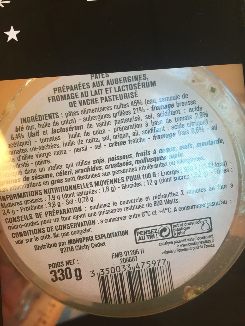 Monoprix Pates aux aubergines packshot