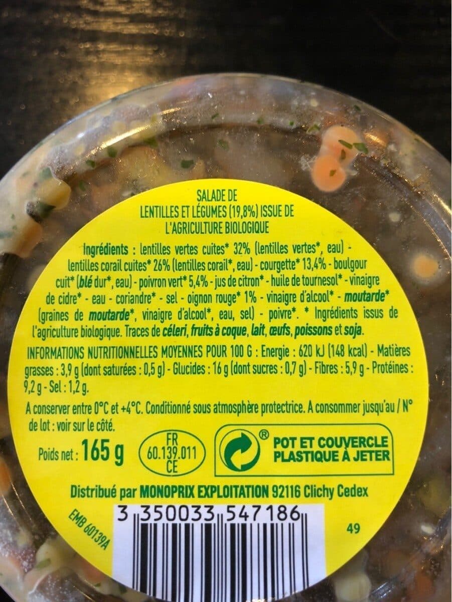 Monoprix Salade de lentilles et legumes packshot