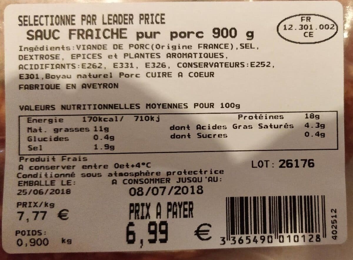 Leader Price Saucisse fraiche pur porc packshot