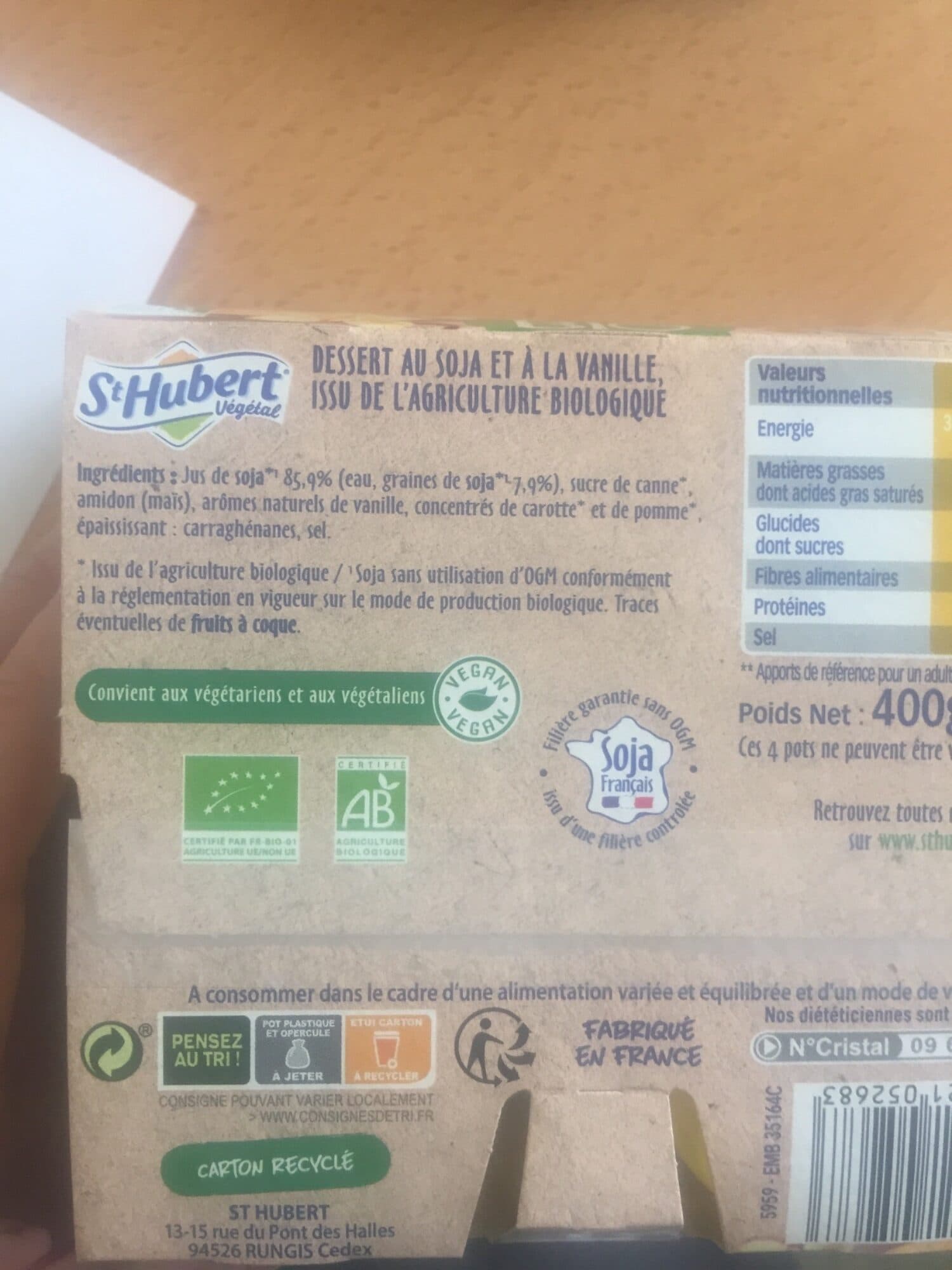 St Hubert St Hubert Végétal Bio vanille packshot