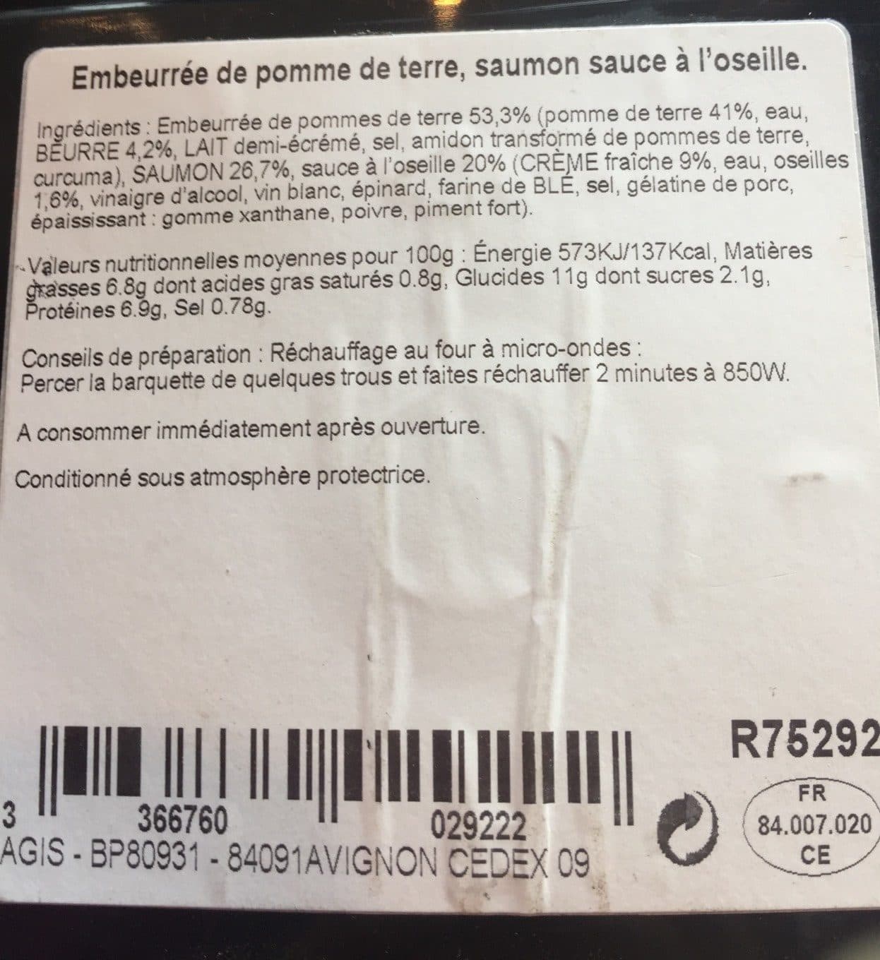 Agis Agis, Saumon à l'oseille embeurrée de pommes de terre, la barquette de 300 g packshot
