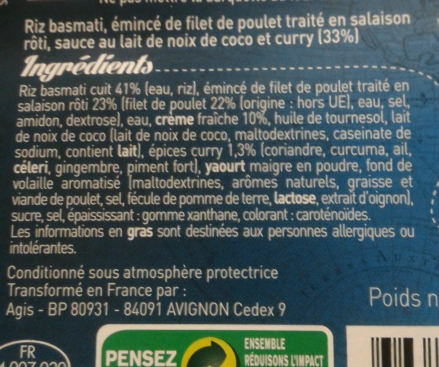 Agis Poulet Curry Coco et riz basmati packshot