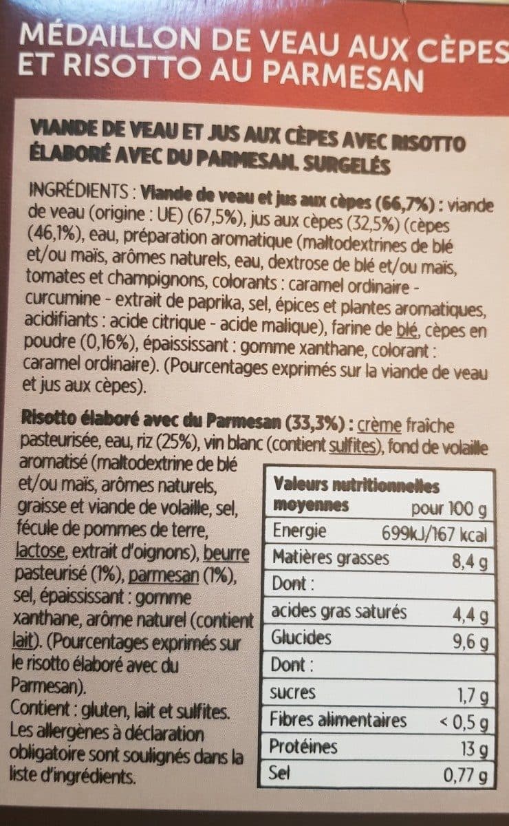 Toupargel Médaillon de Veau aux Cèpes et Risotto au Parmesan packshot