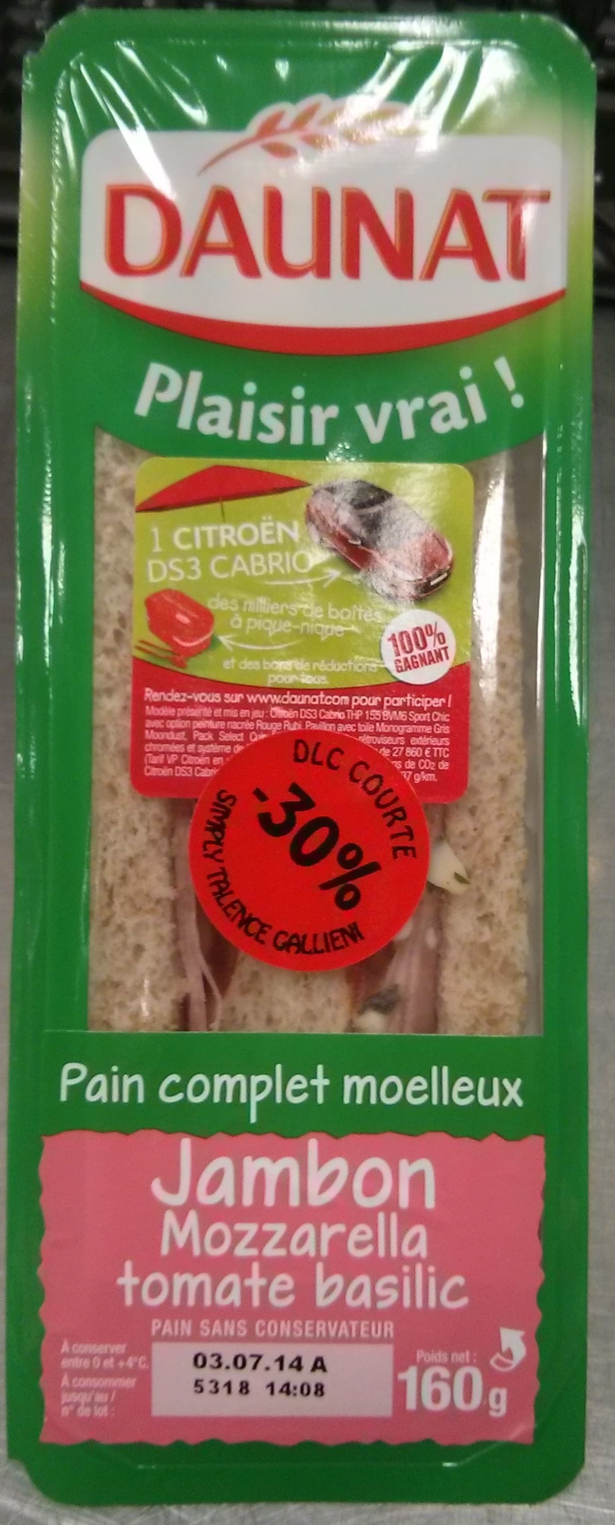 Daunat Pain complet moelleux Jambon mozzarella tomate basilic packshot