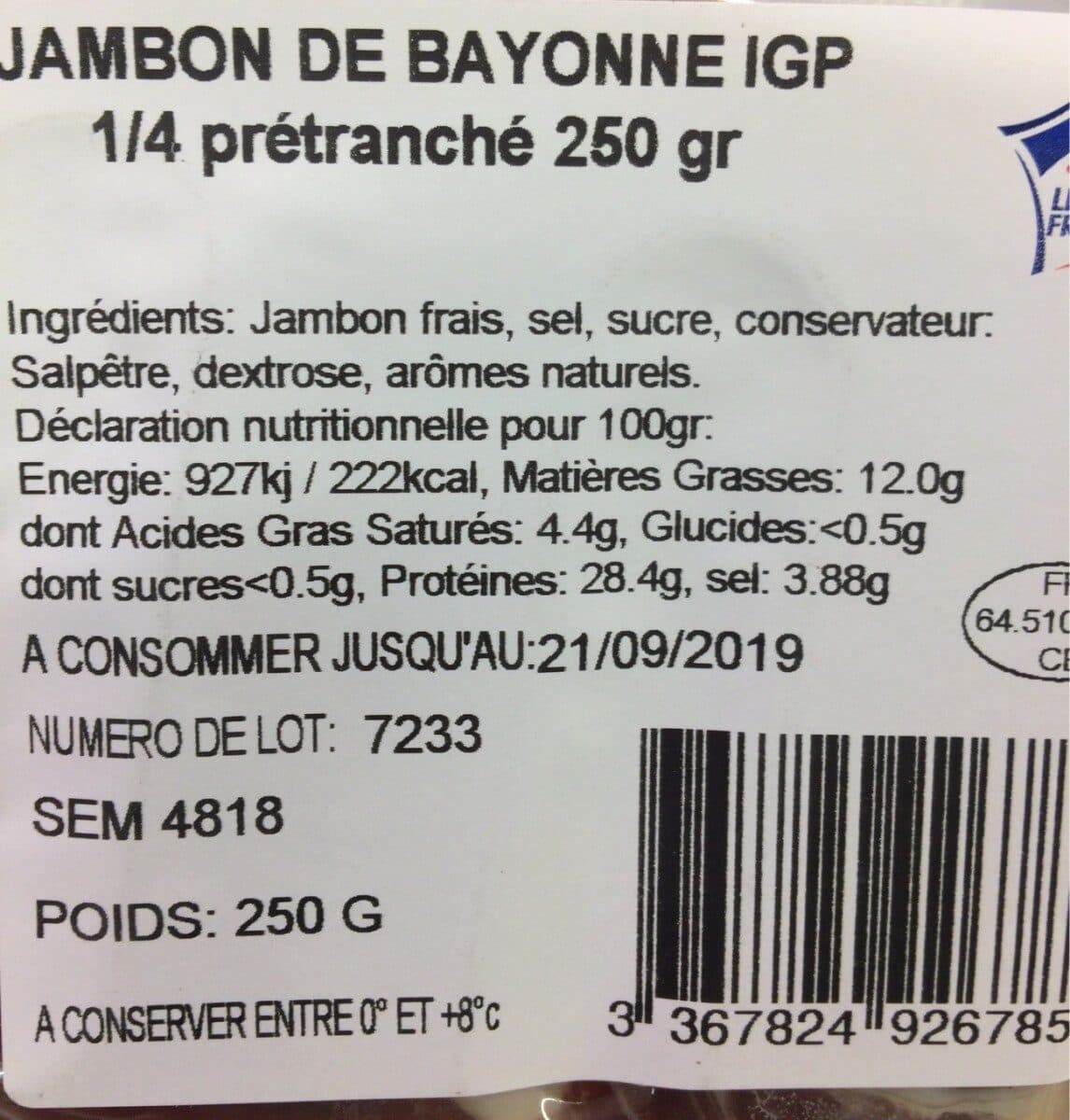 Michel Dupuy Quart prétranché de jambon de bayonne packshot