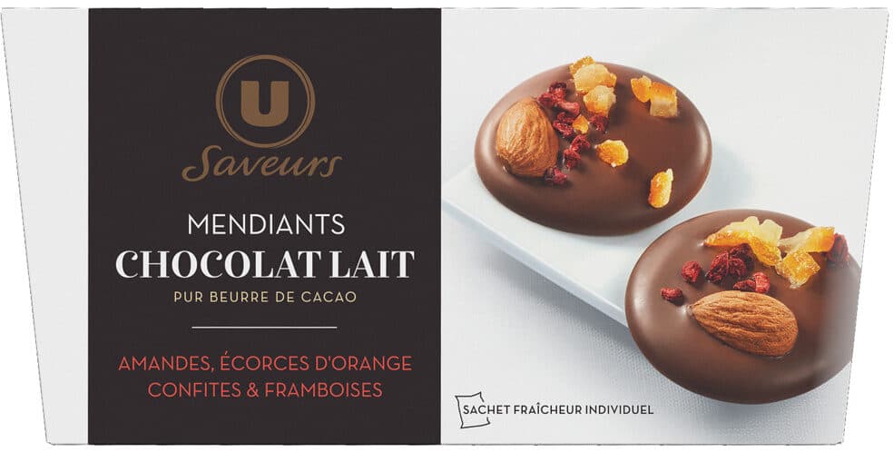 U Mendiants au chocolat lait amandes et framboise et écorce d'orange Saveurs packshot