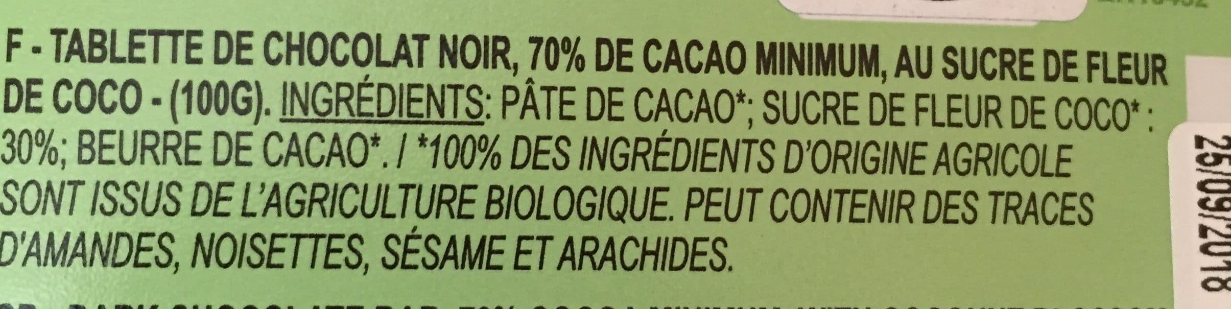 Chocolaterie Saveurs Et Nature Chocolat noir 70% Sucre de fleur de coco packshot