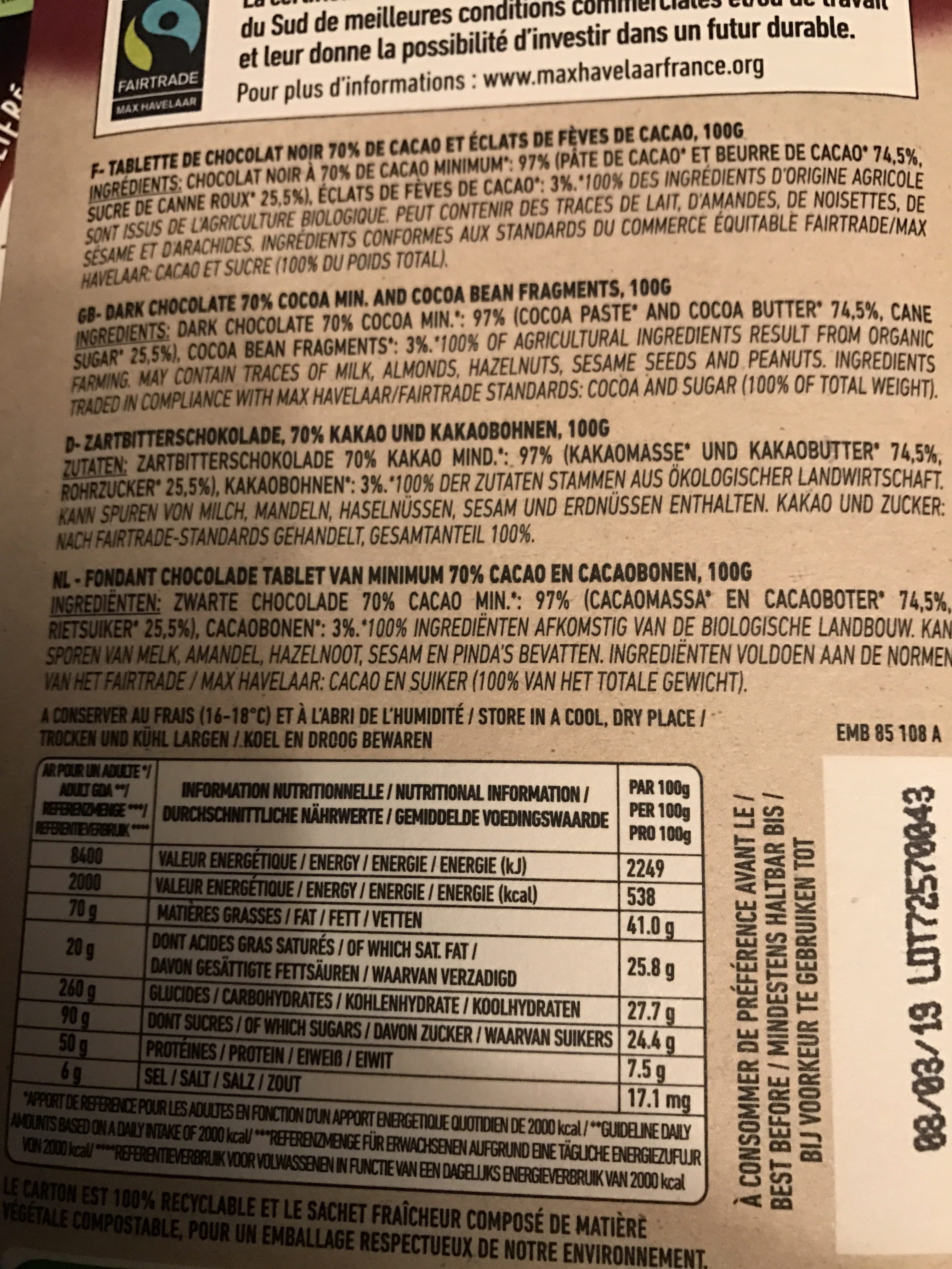 Ikalia Tablette Chocolat Noir 70% Cacao Et Eclats packshot