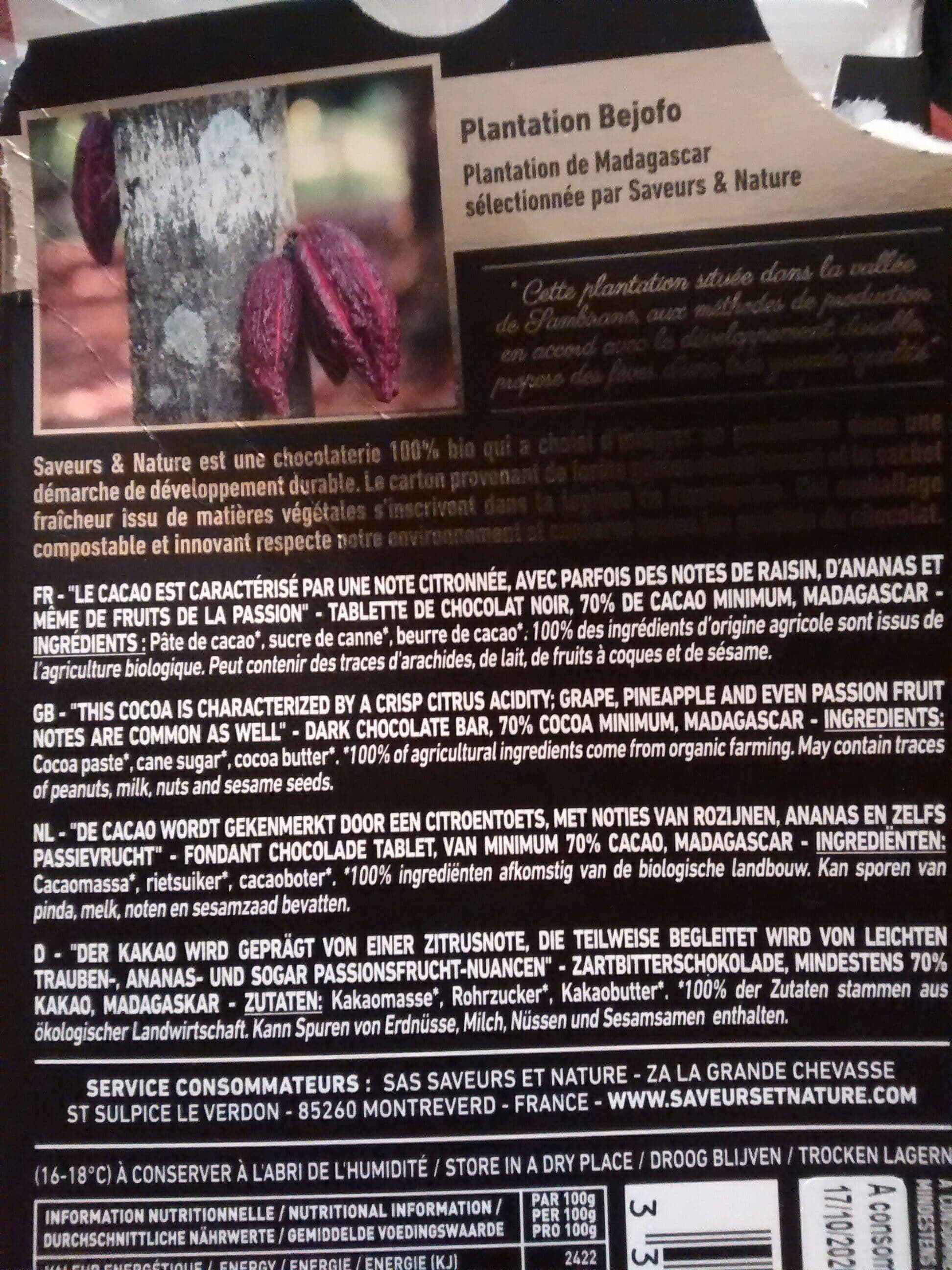 Saveurs & Nature Chocolat 70% Cacao Madagascar packshot