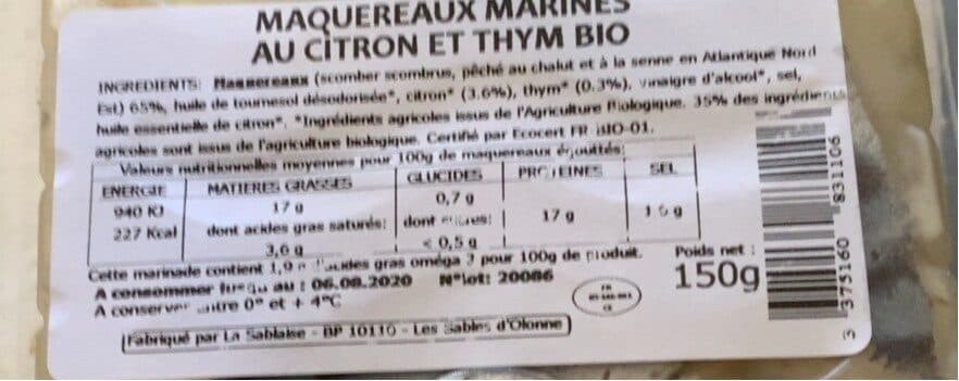 La Sablaise Filet De Maquereau Thym Et Citron packshot