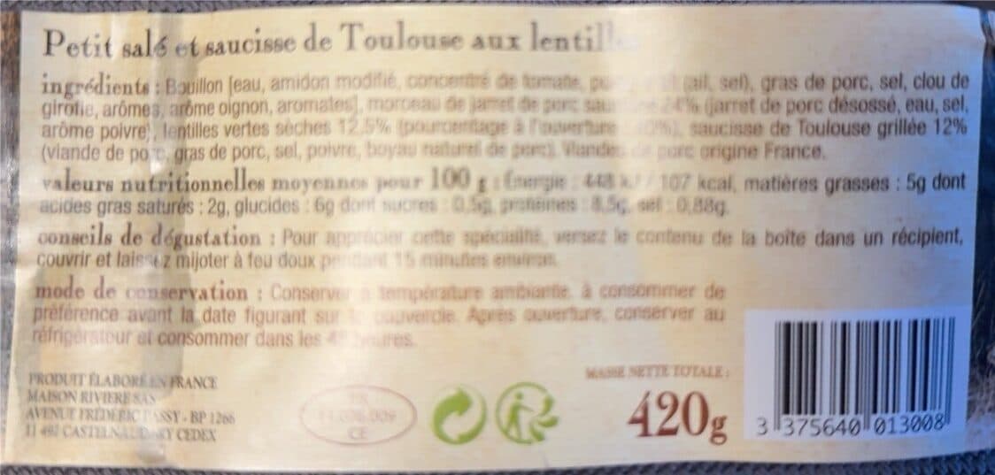 Maison Rivière Le petit salé et saucisse de Toulouse aux lentilles packshot