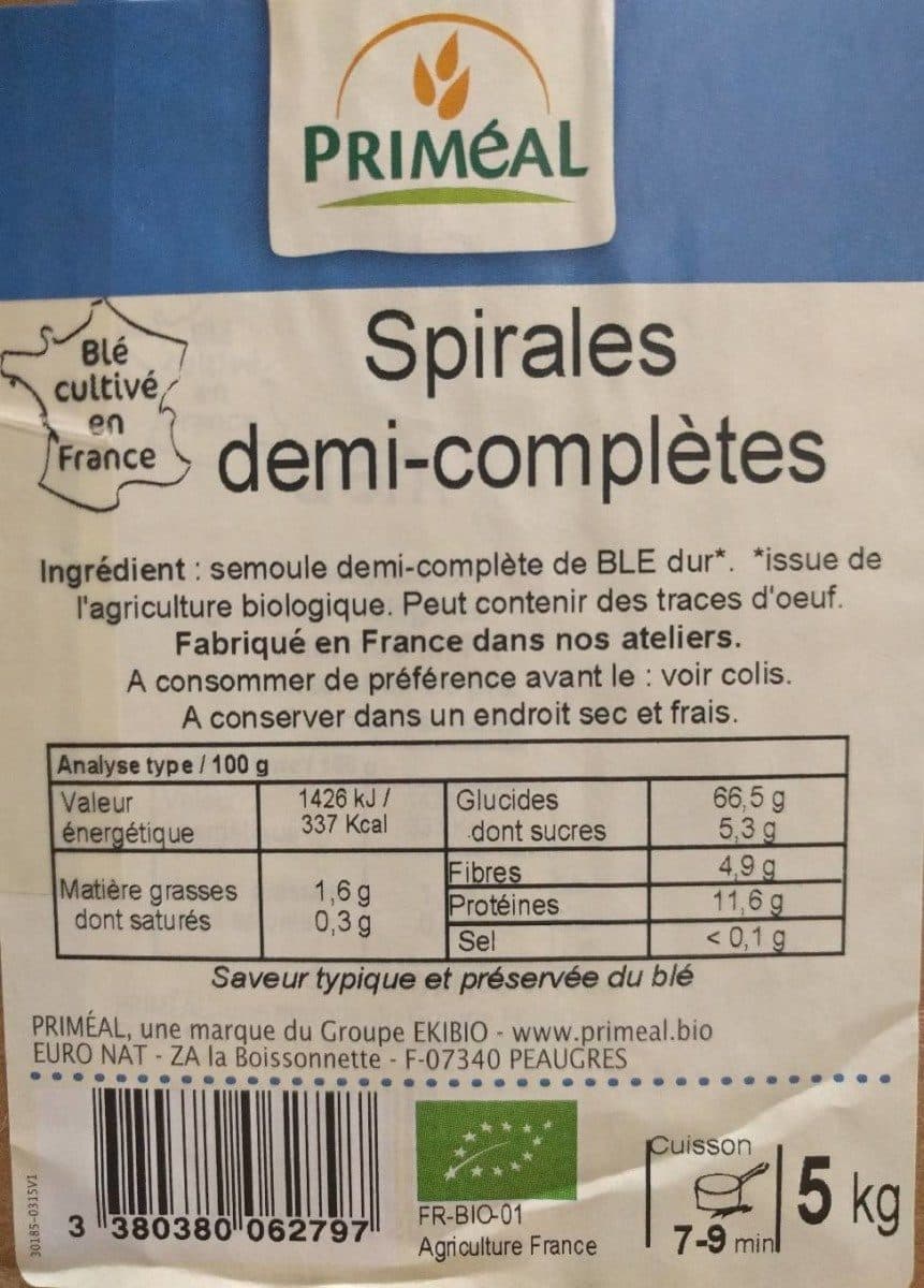 Priméal Pâtes spirales semi-complètes packshot