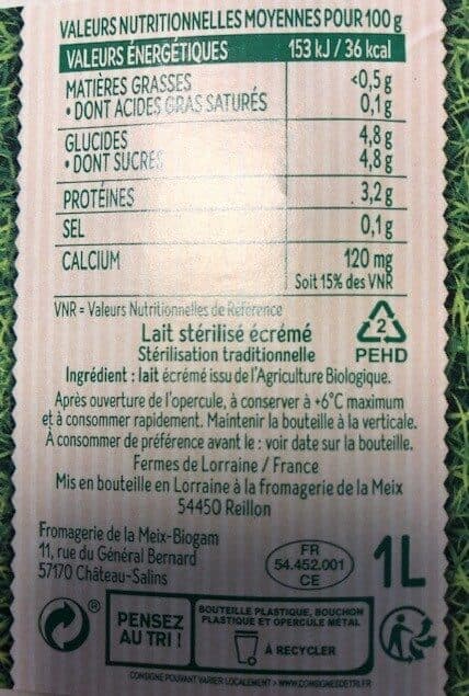 Biogam Lait biologique écrémé BIO - fermes lorraines packshot