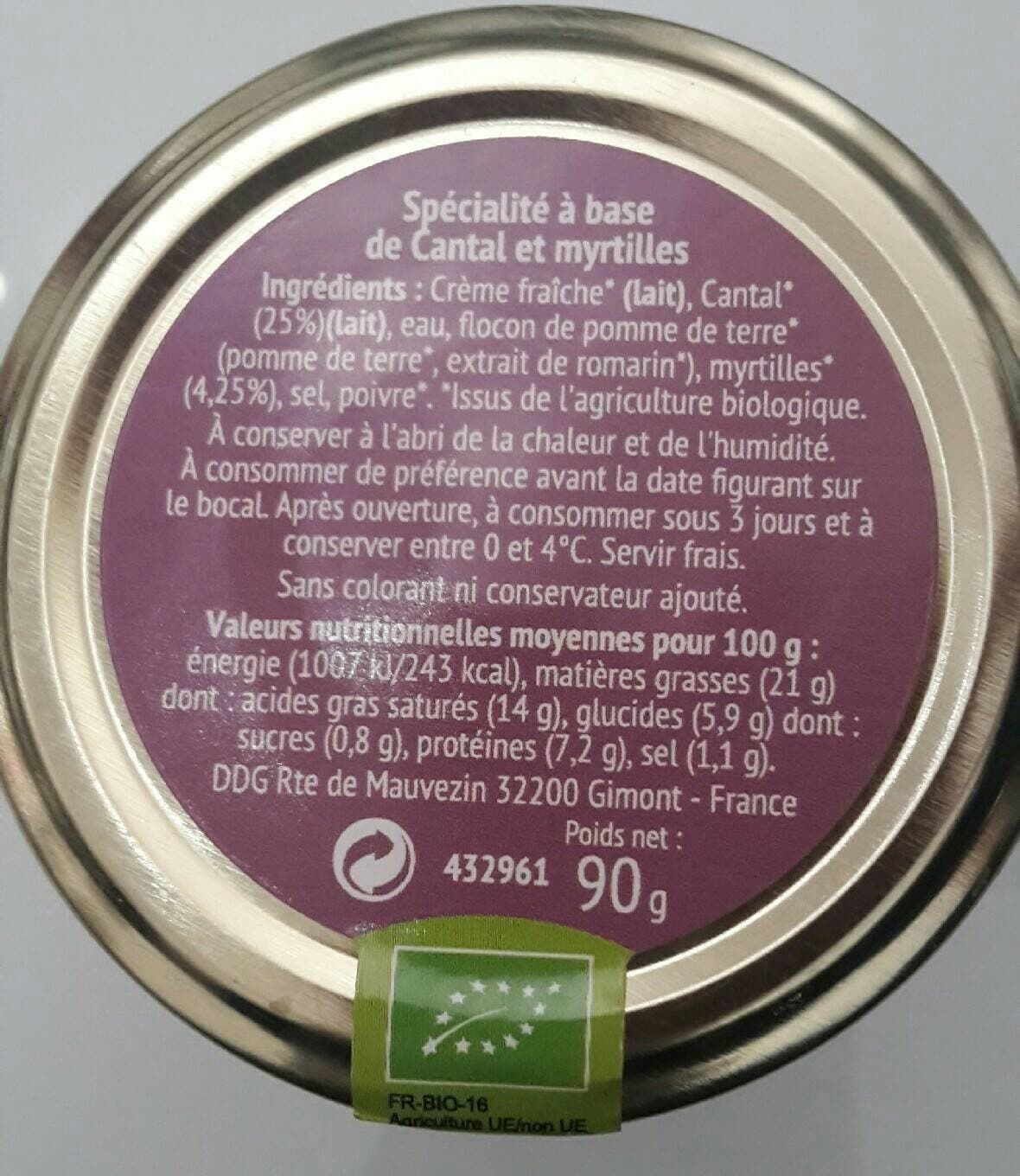 Les Bons Mets Bio Tartinable Cantal myrtilles packshot