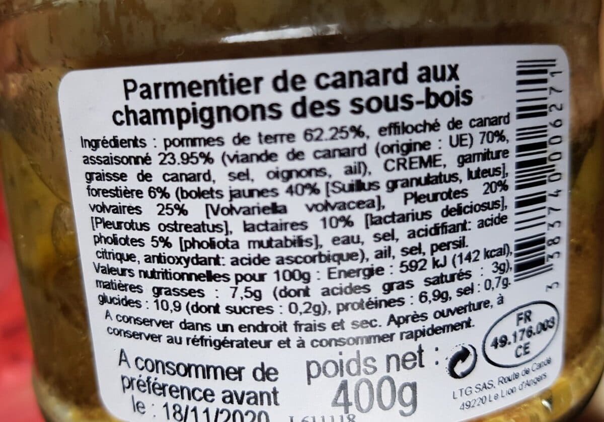 Open Food Facts Parmentier de canard aux champignons des sous bois packshot