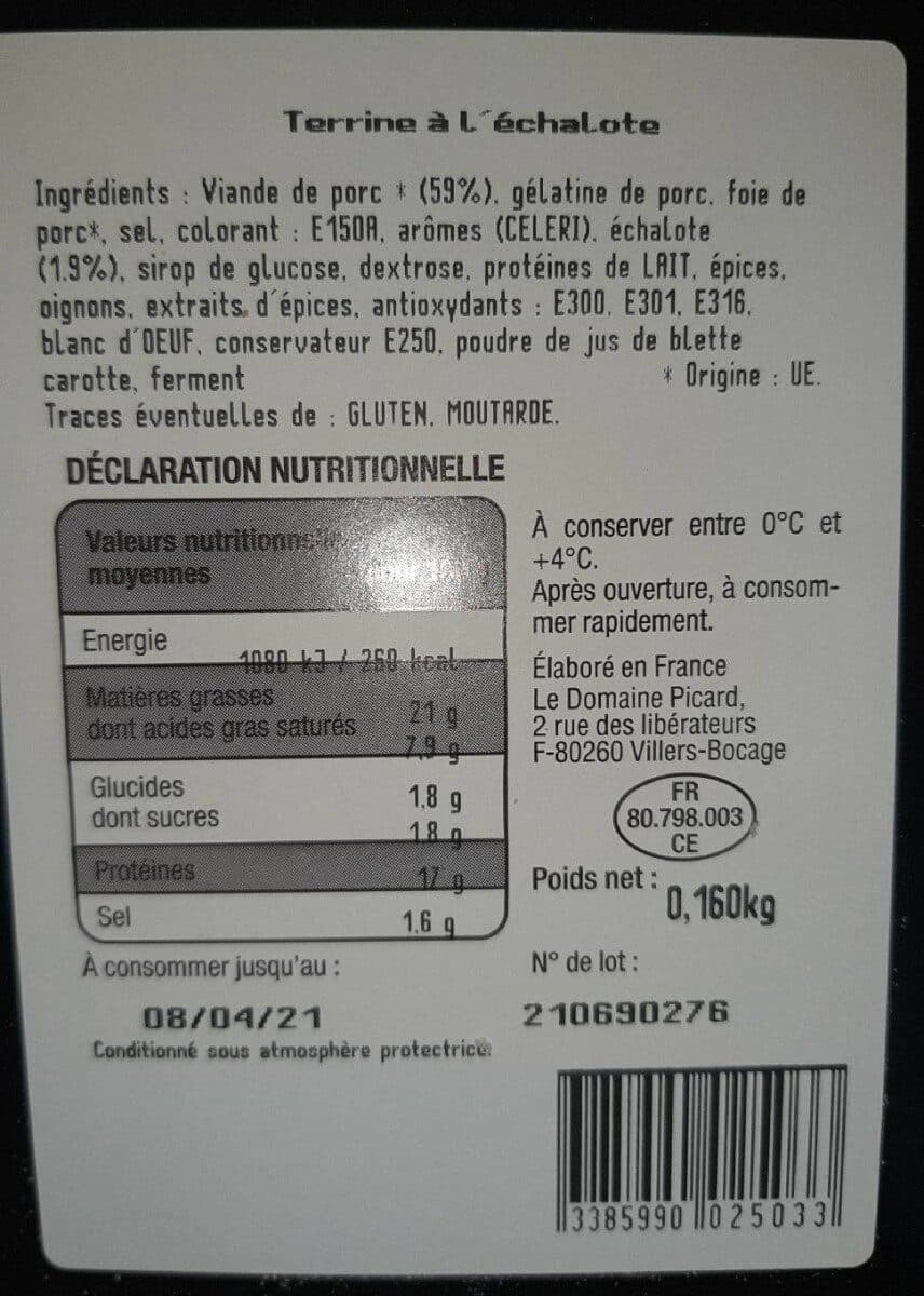 Domaine Picard Pâté la terrine à l'échalote la barquette de 160 g packshot