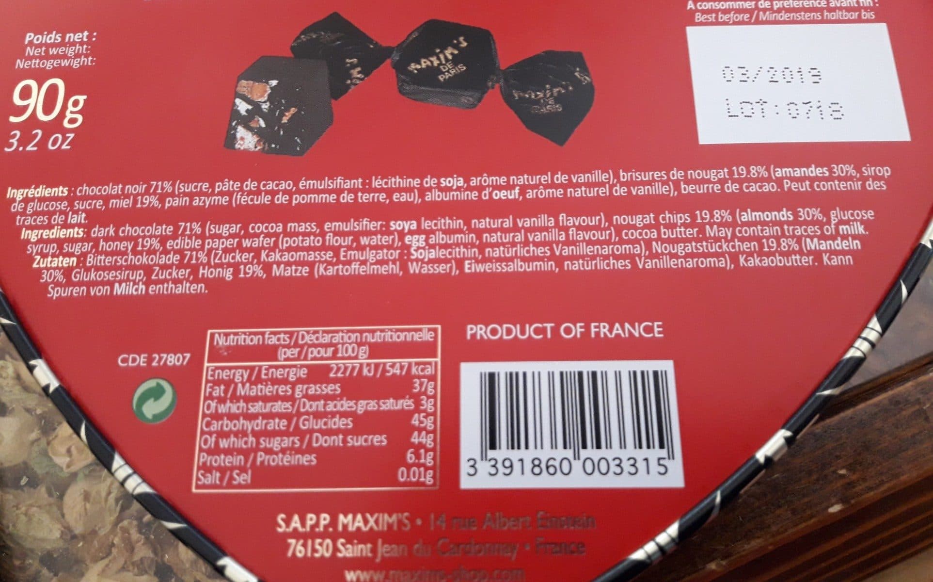 Maxim's chocolats noirs packshot