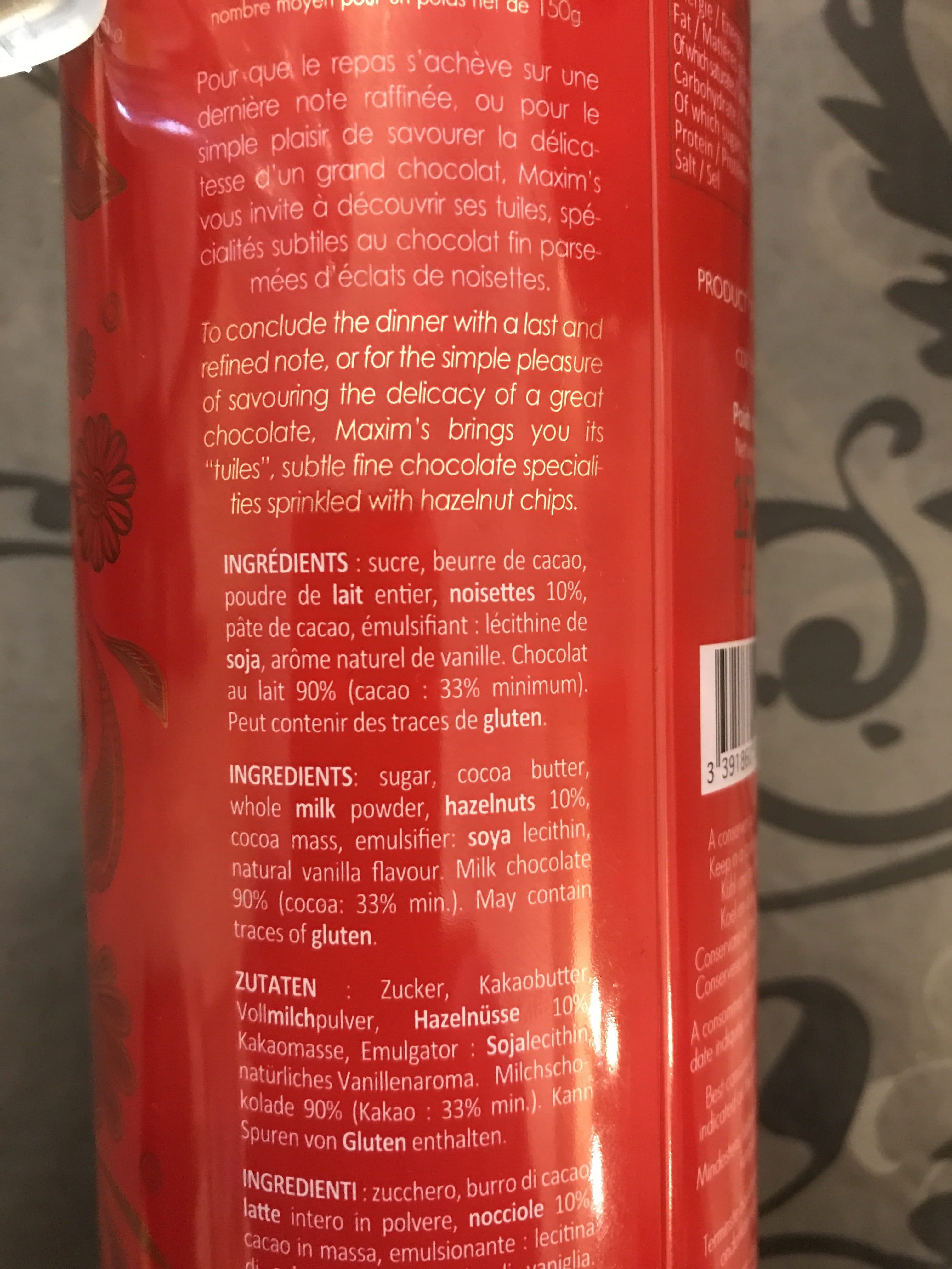 Maxim's Tuiles Chocolat Au Lait Et éclats De Noisettes packshot