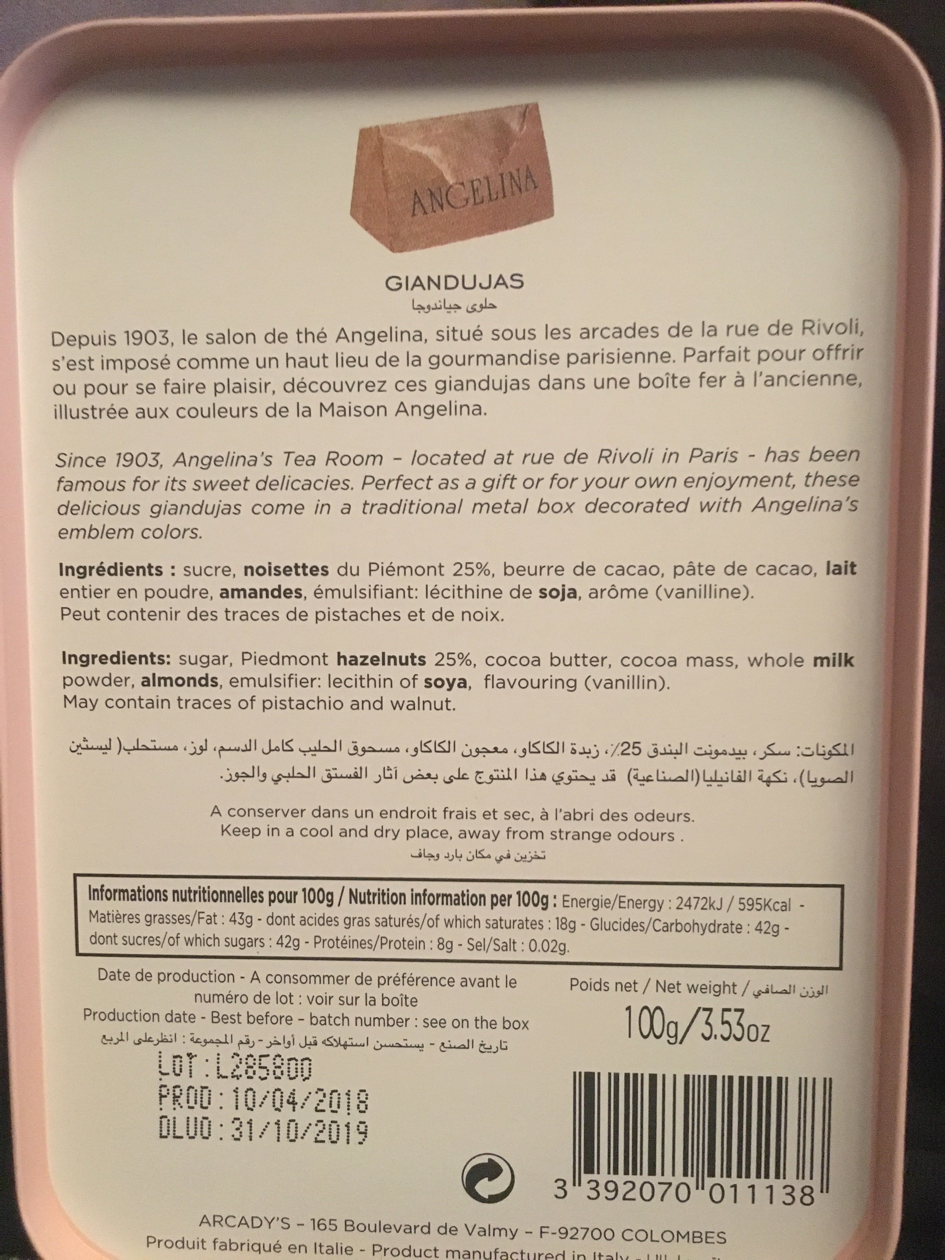 Angelina Boîte De Chocolats Giandujas packshot