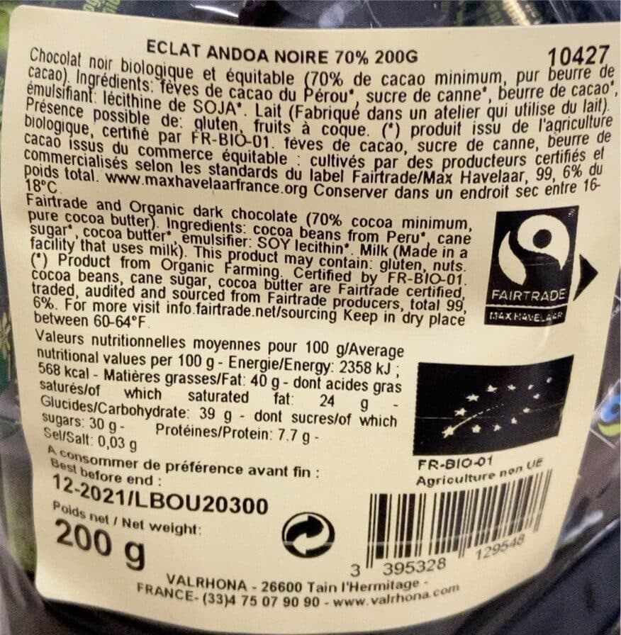 Valrhona Eclat Andoa noire 70% packshot