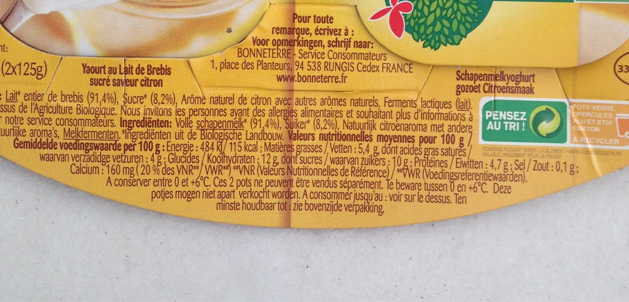 Bonneterre Yaourt Au Lait De Brebis Saveur Citron packshot