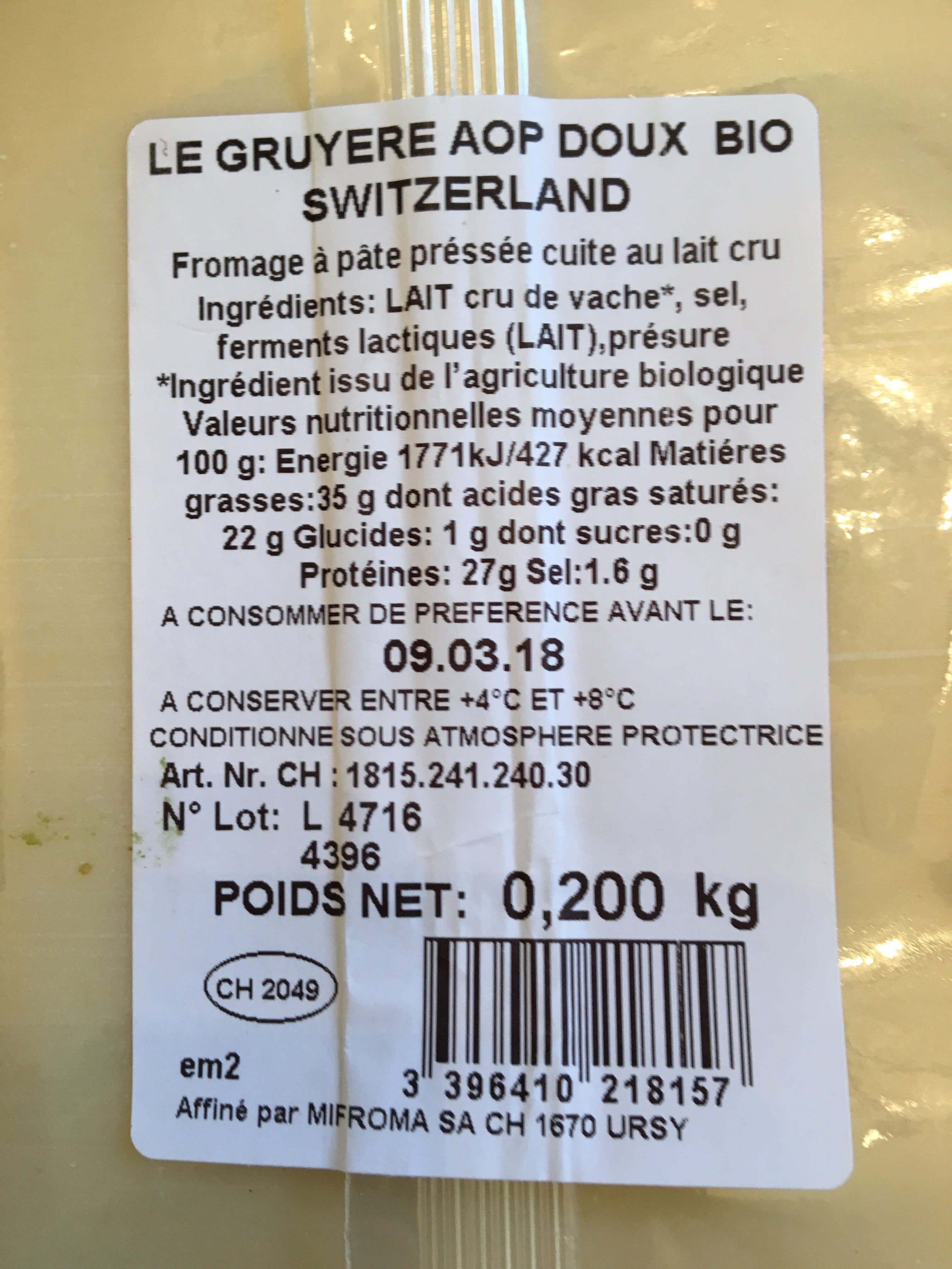 Bonneterre Gruyere Suisse Aoc Au Lait Cru packshot