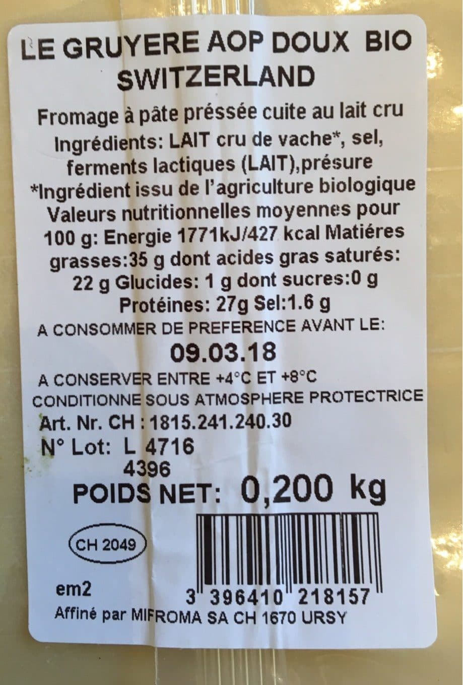 Bonneterre Gruyere Suisse Aoc Au Lait Cru packshot