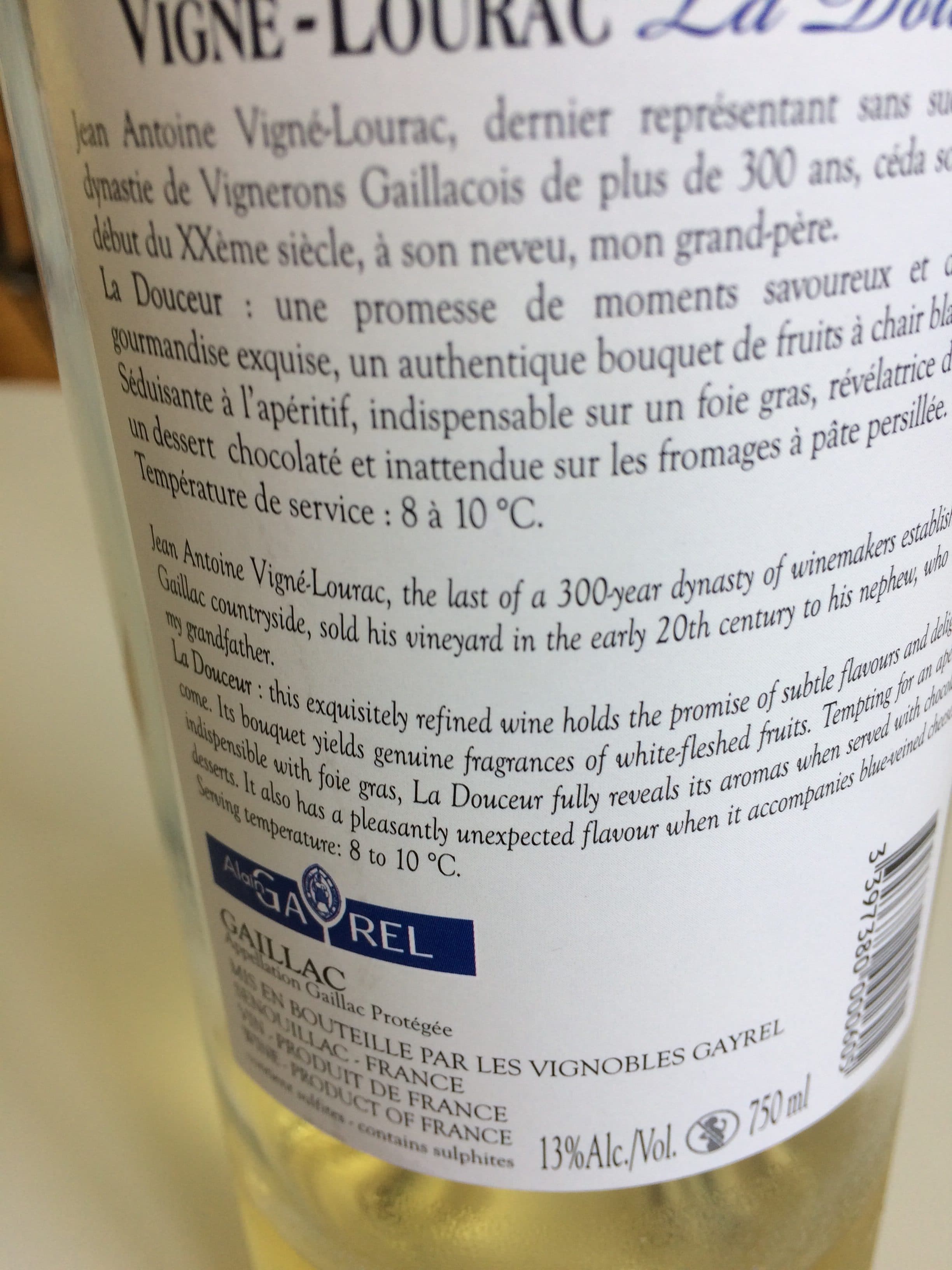 Alain Gayrel Bouteille De Vin Aoc Gaillac Blanc Doux 75 CL Douceur packshot