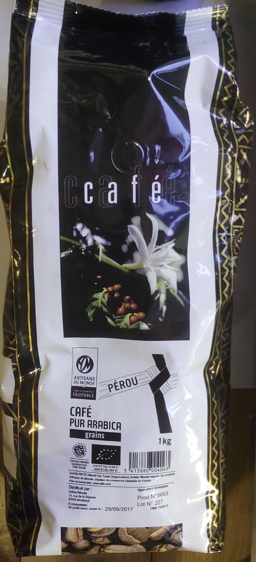 artisans du monde pour un commerce equitable perou café grains bio 100 pour 100 arabica packshot