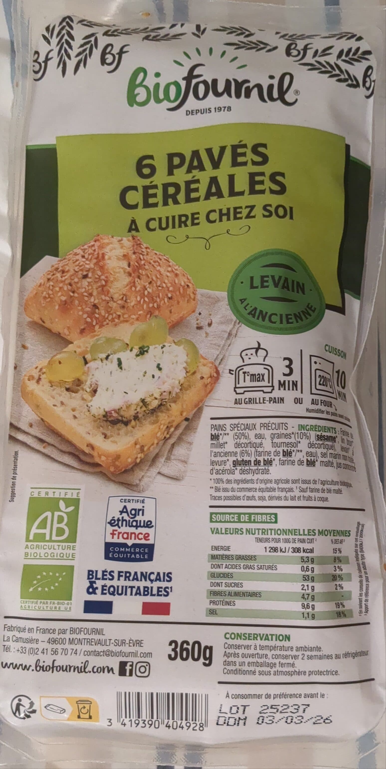 BIOFOURNIL Biofournil petit pavé aux céréales précuit bio packshot